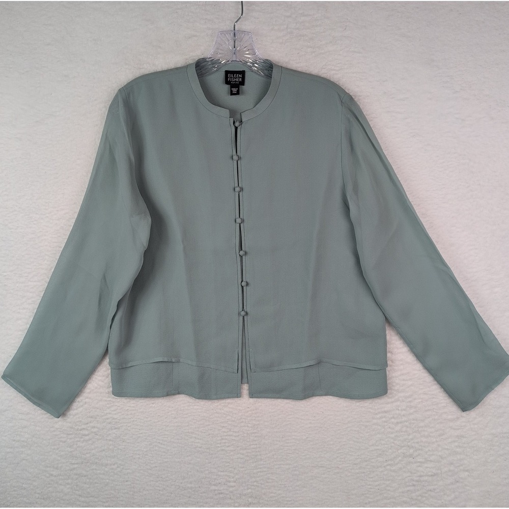 Eileen Fisher Petite Blue 100% Silk Button Down Sheer Sleeve Blouse Sz PM